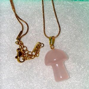 Boho Rose Quartz Mushroom Gold Plated over Stainless Steel 16-18” Necklace